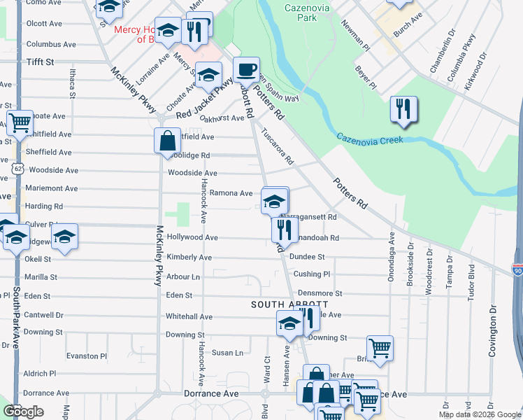 map of restaurants, bars, coffee shops, grocery stores, and more near 875 Abbott Rd in Buffalo