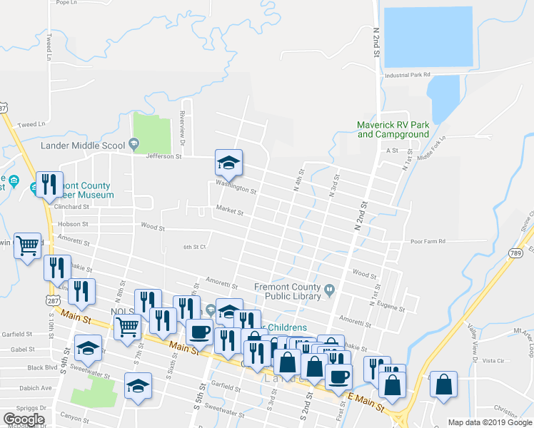 map of restaurants, bars, coffee shops, grocery stores, and more near 446 Market Street in Lander