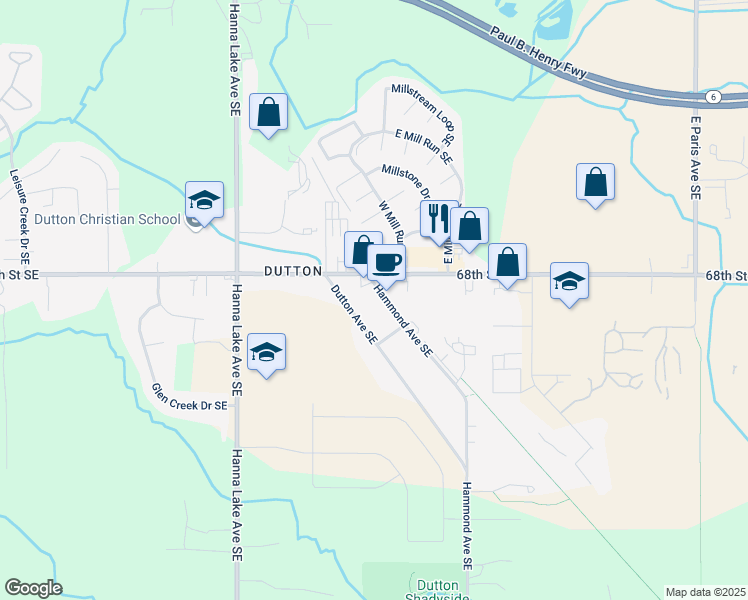 map of restaurants, bars, coffee shops, grocery stores, and more near 6856 Dutton Avenue Southeast in Caledonia