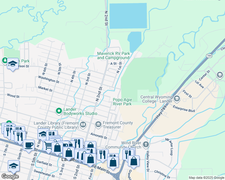 map of restaurants, bars, coffee shops, grocery stores, and more near 121 Jefferson Street in Lander