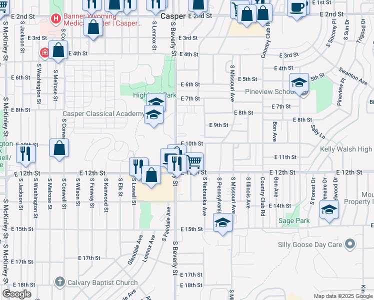 map of restaurants, bars, coffee shops, grocery stores, and more near 1033 South Beverly Street in Casper
