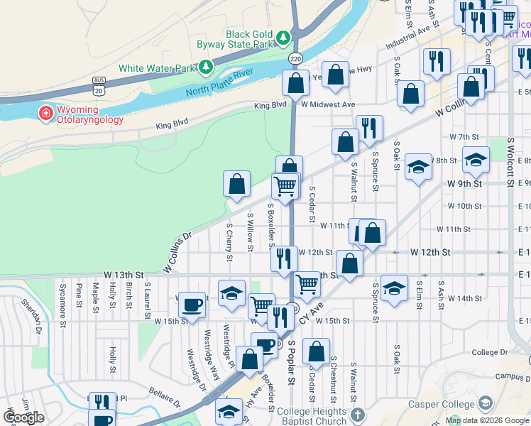 map of restaurants, bars, coffee shops, grocery stores, and more near 1059 South Boxelder Street in Casper