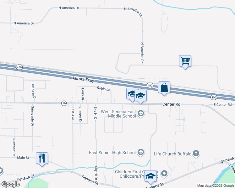 map of restaurants, bars, coffee shops, grocery stores, and more near 1366 Center Road in Buffalo