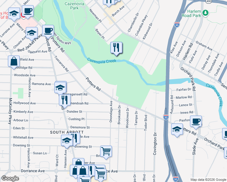 map of restaurants, bars, coffee shops, grocery stores, and more near 336 Potters Road in Buffalo