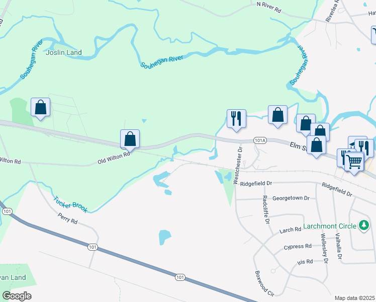 map of restaurants, bars, coffee shops, grocery stores, and more near 408 Elm Street in Milford