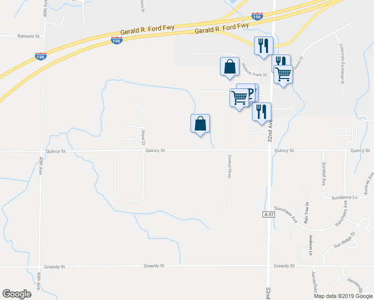 map of restaurants, bars, coffee shops, grocery stores, and more near 3625 Quincy Street in Hudsonville