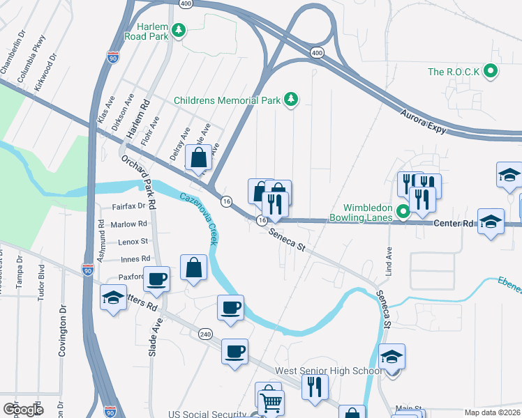 map of restaurants, bars, coffee shops, grocery stores, and more near 2990 Seneca Street in Buffalo
