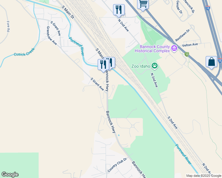 map of restaurants, bars, coffee shops, grocery stores, and more near 2850 Bannock Highway in Pocatello