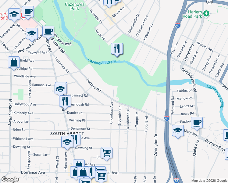 map of restaurants, bars, coffee shops, grocery stores, and more near 336 Potters Road in Buffalo