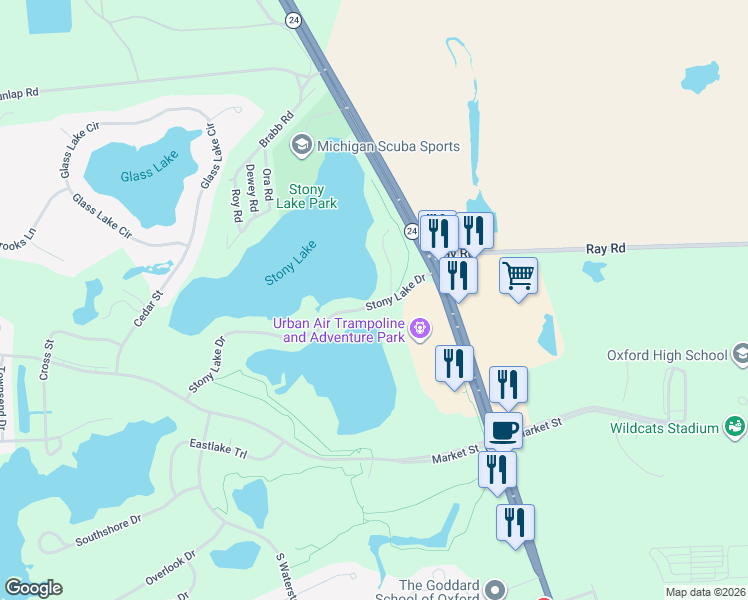map of restaurants, bars, coffee shops, grocery stores, and more near 119 Stony Lake Drive in Oakland County
