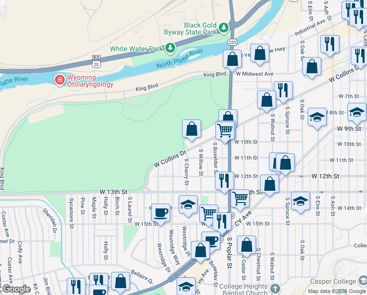 map of restaurants, bars, coffee shops, grocery stores, and more near 1250 West Collins Drive in Casper