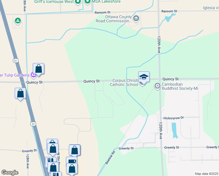 map of restaurants, bars, coffee shops, grocery stores, and more near 12300 Quincy Street in Holland