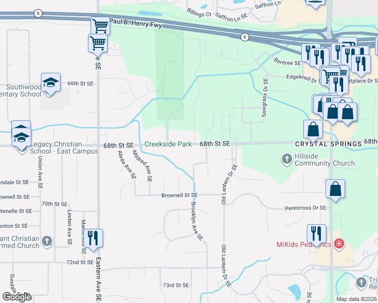 map of restaurants, bars, coffee shops, grocery stores, and more near 6865 Brooklyn Avenue Southeast in Grand Rapids