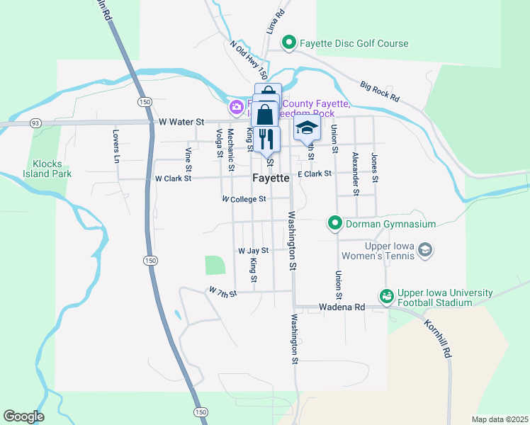 map of restaurants, bars, coffee shops, grocery stores, and more near 153-199 West Madison Street in Fayette