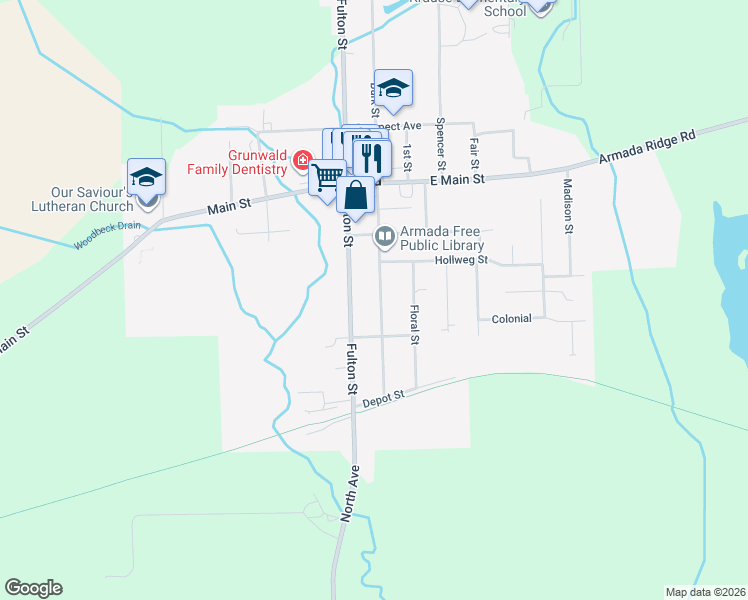 map of restaurants, bars, coffee shops, grocery stores, and more near 73580 Fulton Street in Armada