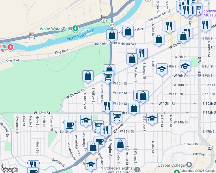 map of restaurants, bars, coffee shops, grocery stores, and more near 1016 South Poplar Street in Casper