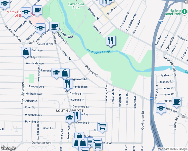 map of restaurants, bars, coffee shops, grocery stores, and more near 293 Potters Road in Buffalo