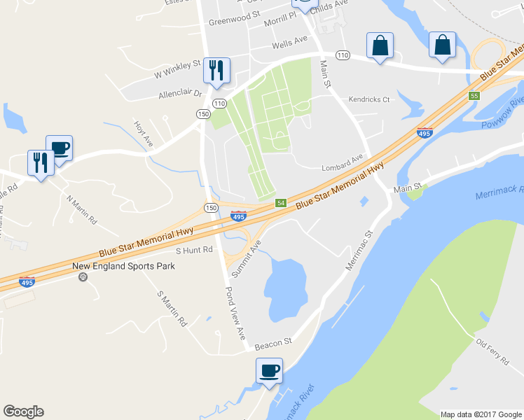 map of restaurants, bars, coffee shops, grocery stores, and more near Blue Star Memorial Hwy in Amesbury
