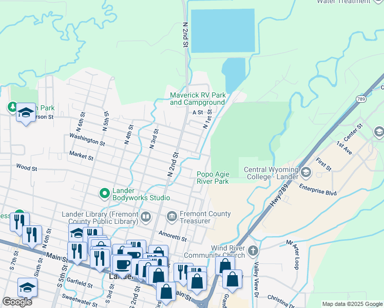 map of restaurants, bars, coffee shops, grocery stores, and more near 121 Jefferson Street in Lander