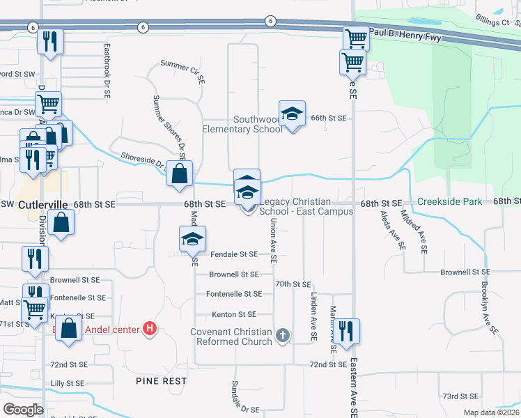 map of restaurants, bars, coffee shops, grocery stores, and more near 6843 Union Avenue Southeast in Grand Rapids