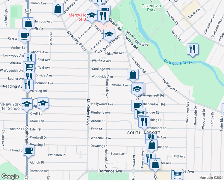 map of restaurants, bars, coffee shops, grocery stores, and more near 14 Brost Drive in Buffalo