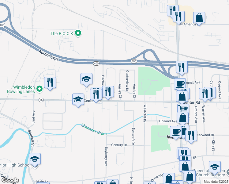 map of restaurants, bars, coffee shops, grocery stores, and more near 530 Birchwood Square in Buffalo