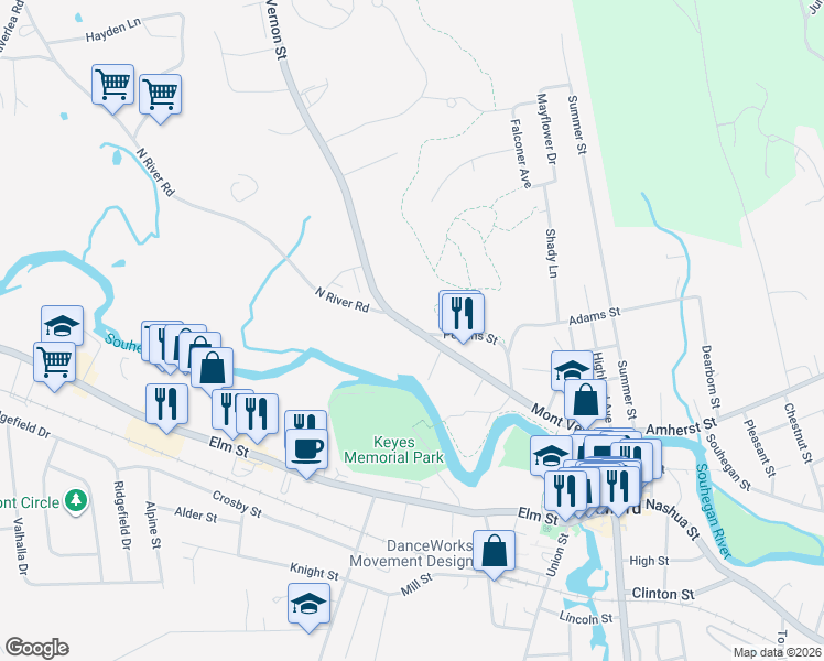 map of restaurants, bars, coffee shops, grocery stores, and more near 106 Mont Vernon Street in Milford