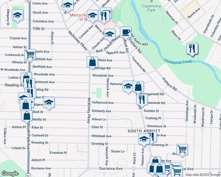 map of restaurants, bars, coffee shops, grocery stores, and more near 14 Brost Drive in Buffalo