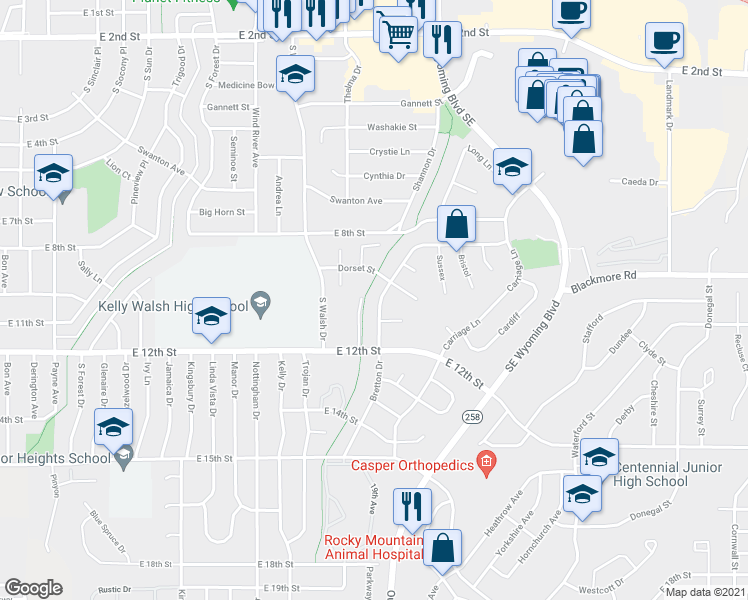 map of restaurants, bars, coffee shops, grocery stores, and more near 1062 Bretton Drive in Casper