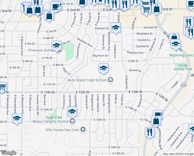 map of restaurants, bars, coffee shops, grocery stores, and more near in Casper