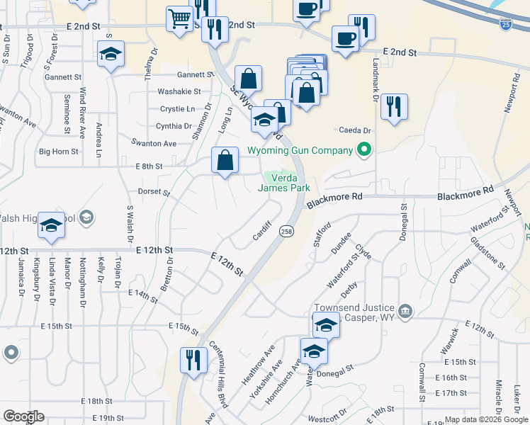 map of restaurants, bars, coffee shops, grocery stores, and more near 1093 Cardiff Cir in Casper