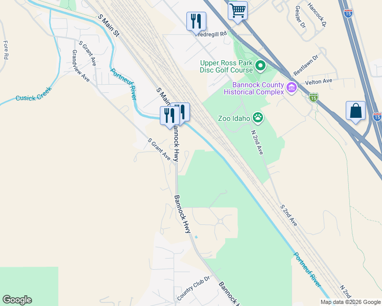 map of restaurants, bars, coffee shops, grocery stores, and more near 2850 Bannock Highway in Pocatello