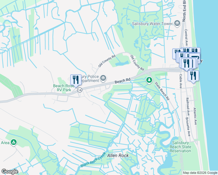 map of restaurants, bars, coffee shops, grocery stores, and more near 192 Beach Road in Salisbury