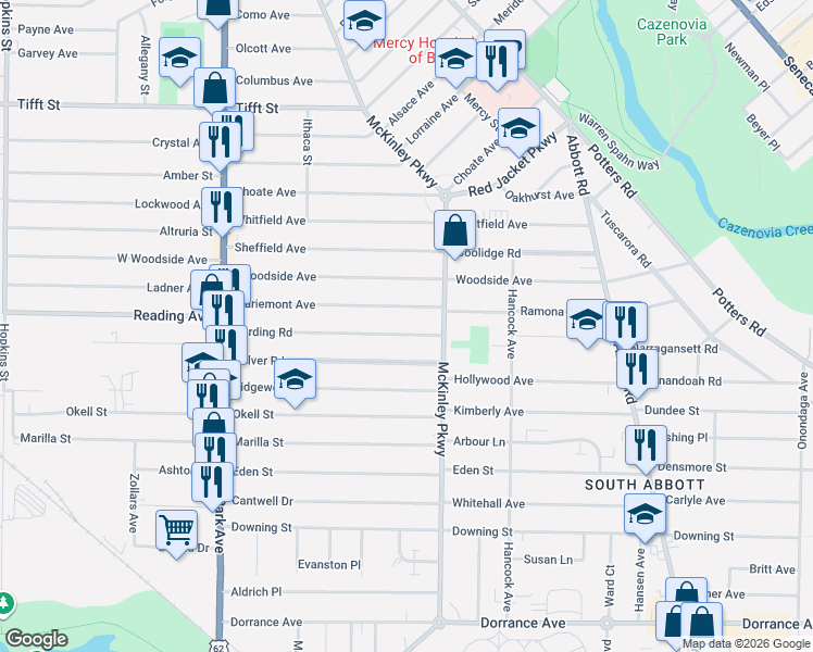 map of restaurants, bars, coffee shops, grocery stores, and more near 205 Harding Road in Buffalo