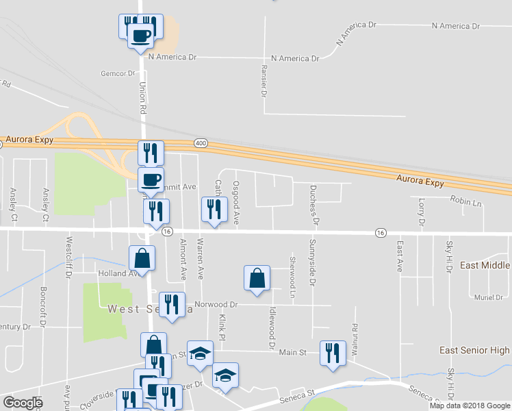 map of restaurants, bars, coffee shops, grocery stores, and more near Summit Avenue in Buffalo