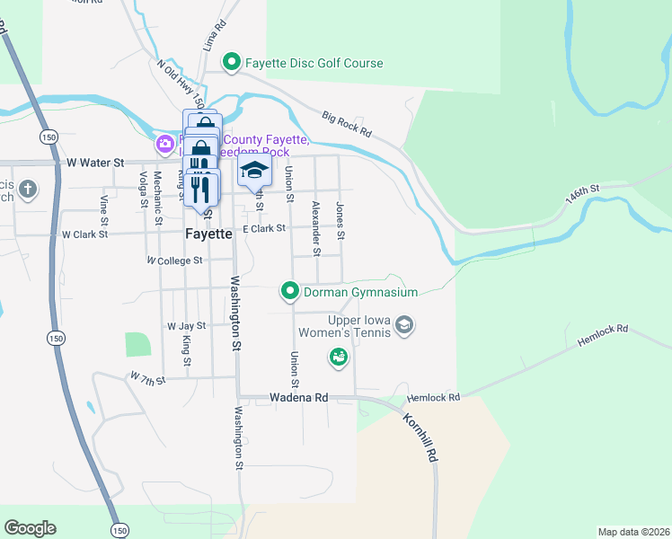 map of restaurants, bars, coffee shops, grocery stores, and more near Fayette Recreational Trail in Fayette