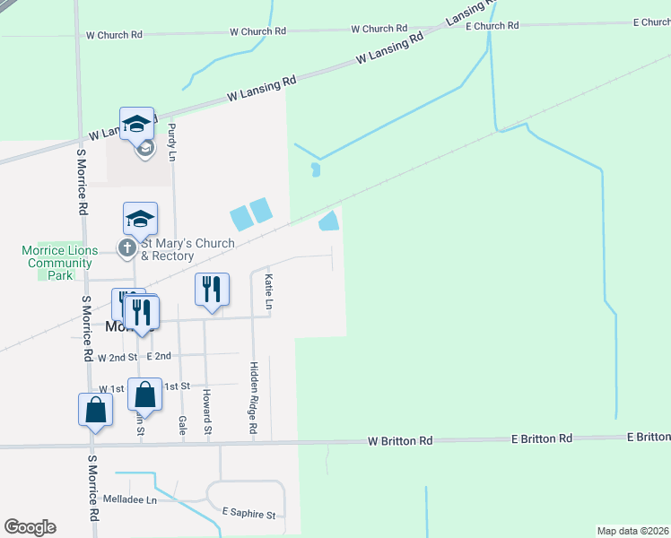 map of restaurants, bars, coffee shops, grocery stores, and more near 544 East Pond View Drive in Morrice