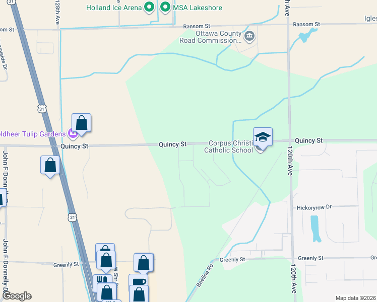map of restaurants, bars, coffee shops, grocery stores, and more near 12340 Quincy Street in Holland