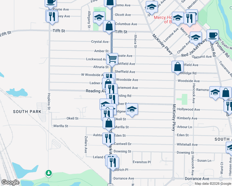 map of restaurants, bars, coffee shops, grocery stores, and more near 2154 South Park Avenue in Buffalo
