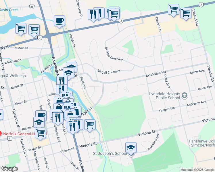 map of restaurants, bars, coffee shops, grocery stores, and more near 228 Argyle Street in Simcoe