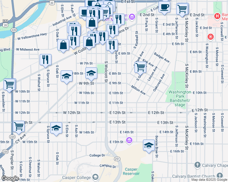 map of restaurants, bars, coffee shops, grocery stores, and more near 215 East 9th Street in Casper