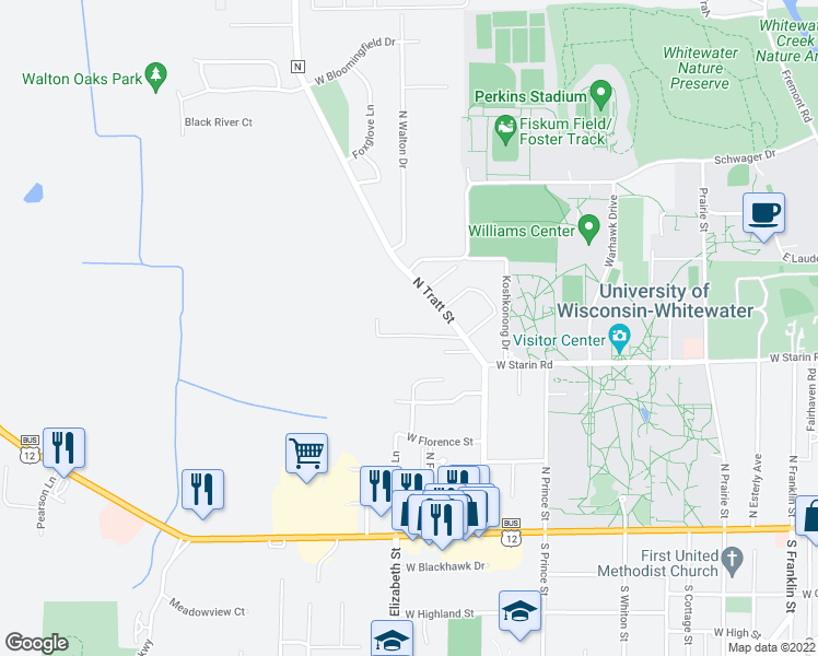 map of restaurants, bars, coffee shops, grocery stores, and more near 410 North Tratt Street in Whitewater