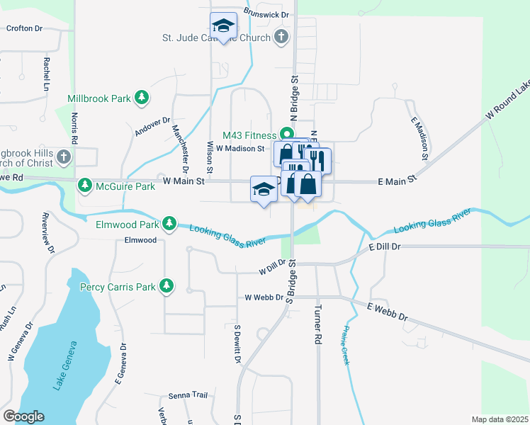 map of restaurants, bars, coffee shops, grocery stores, and more near 205 West Washington Street in DeWitt