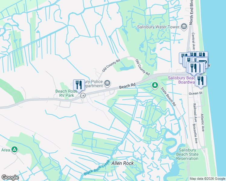 map of restaurants, bars, coffee shops, grocery stores, and more near 185 Beach Road in Salisbury