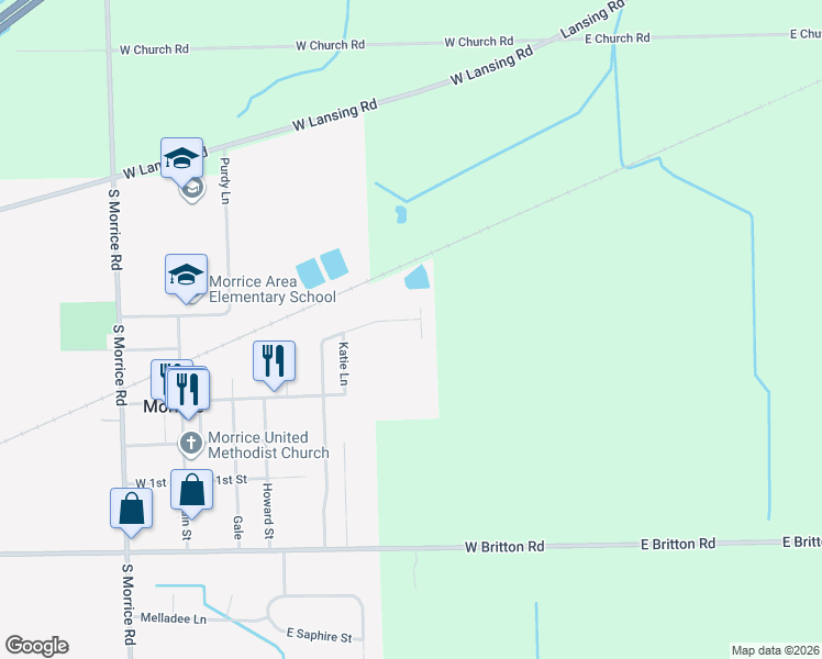 map of restaurants, bars, coffee shops, grocery stores, and more near 544 East Pond View Drive in Morrice