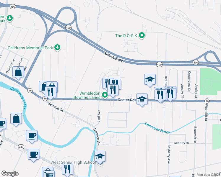 map of restaurants, bars, coffee shops, grocery stores, and more near 200 Center Road in Buffalo