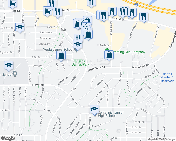 map of restaurants, bars, coffee shops, grocery stores, and more near 819 Blackmore Rd in Casper
