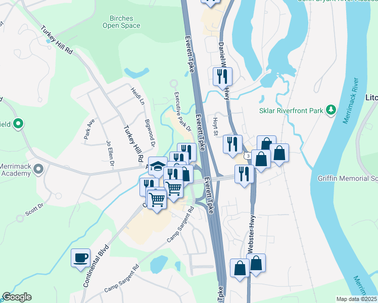 map of restaurants, bars, coffee shops, grocery stores, and more near 2 Executive Park Drive in Merrimack