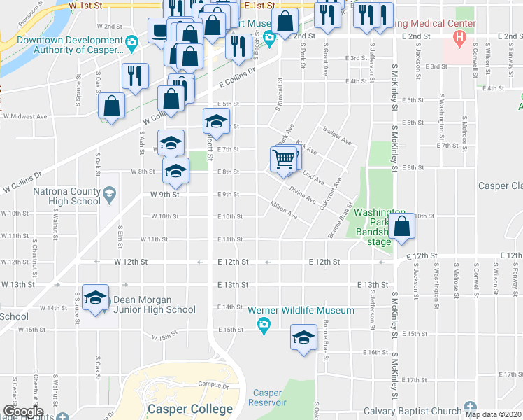 map of restaurants, bars, coffee shops, grocery stores, and more near 937 South Beech Street in Casper