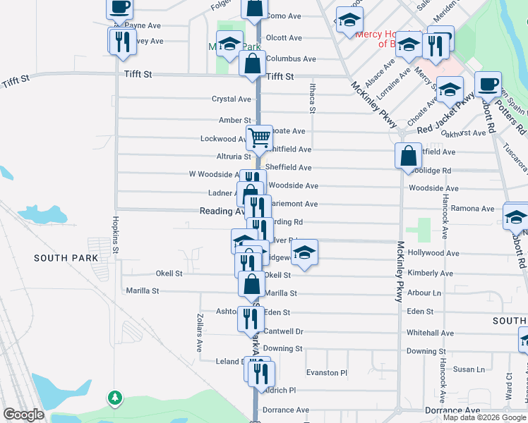 map of restaurants, bars, coffee shops, grocery stores, and more near 2104 South Park Avenue in Buffalo